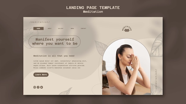 PSD modèle de page de destination pour la méditation de yoga avec un design de feuilles