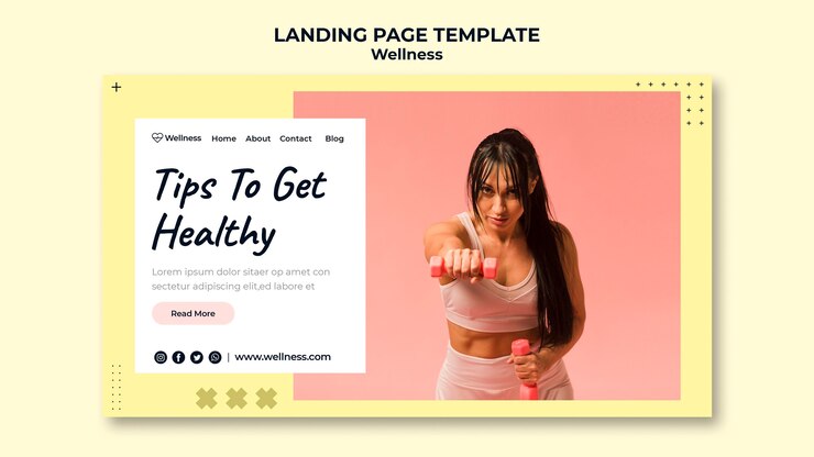 PSD modèle de page de destination pour la santé et le bien-être avec une femme faisant du fitness