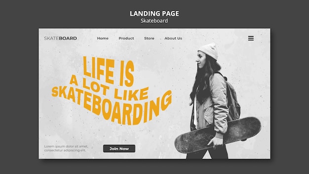 PSD modèle de page de destination pour le skateboard avec une femme