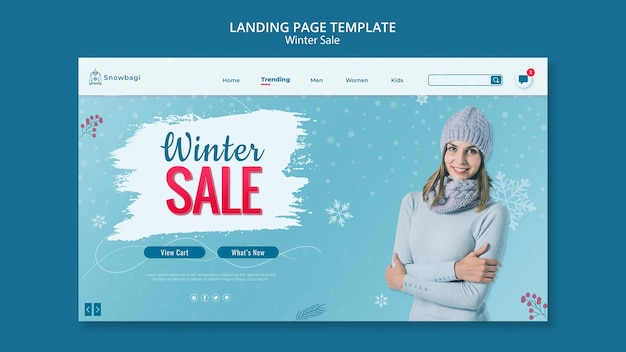 Modèle De Page De Destination Pour Vente D'hiver Avec Femme Et Flocons De Neige