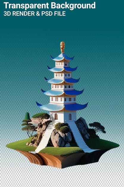 PSD un modèle de pagode avec un arbre et un bâtiment en arrière-plan