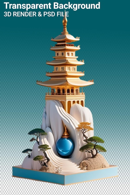 PSD un modèle d'une pagode avec une balle bleue sur le dessus