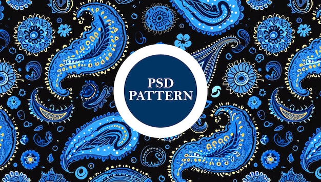 PSD modèle paisley sans couture sur fond noir et bleu