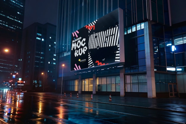 Modèle de panneau d'affichage sur un bâtiment en verre la nuit