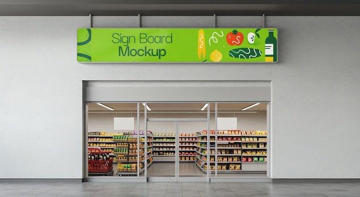 PSD modèle d'un panneau au-dessus de l'entrée d'un magasin