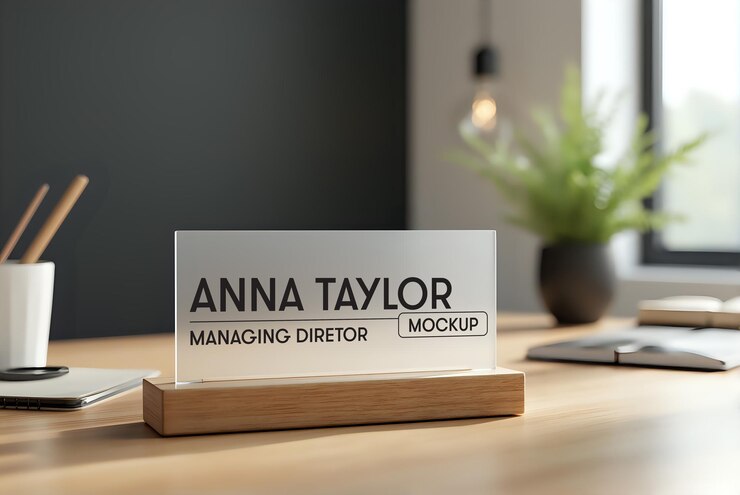 PSD modèle de plaque de nom de base en bois accessoire de bureau élégant et personnalisable pour l'image de marque