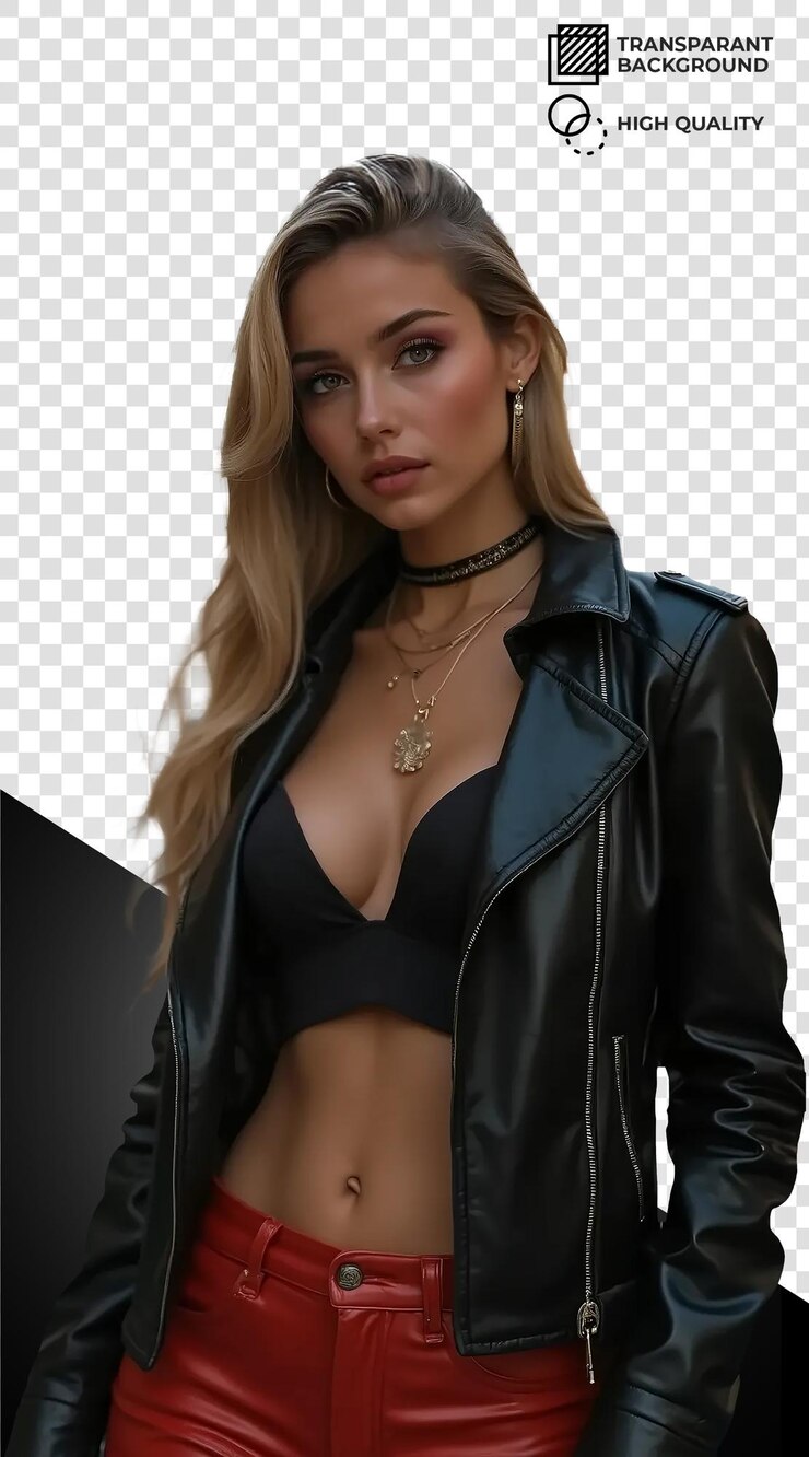 PSD un modèle portant une veste en cuir noir avec une croix dorée sur le devant