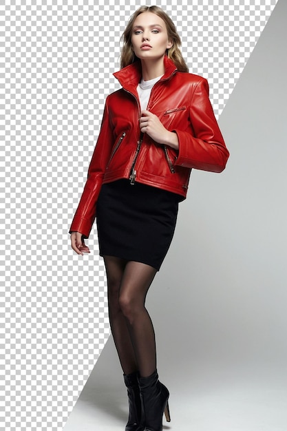 un modèle portant une veste en cuir rouge avec une chemise blanche