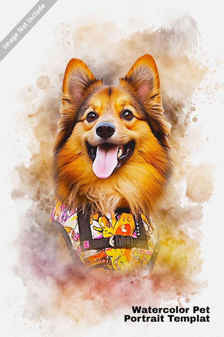 PSD modèle de portrait d'animal de compagnie à l'aquarelle happy dog