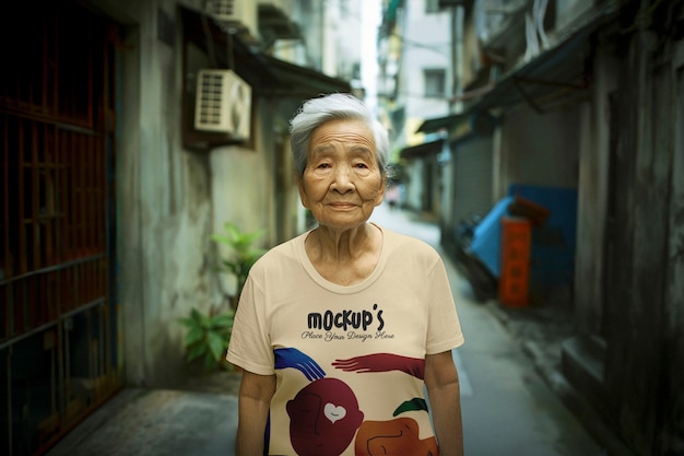 PSD modèle posant avec une maquette de t-shirt