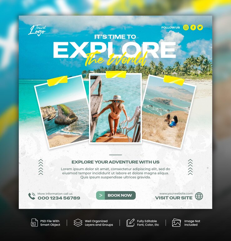 PSD modèle de post de bannière sur les médias sociaux et instagram pour les voyages et le tourisme