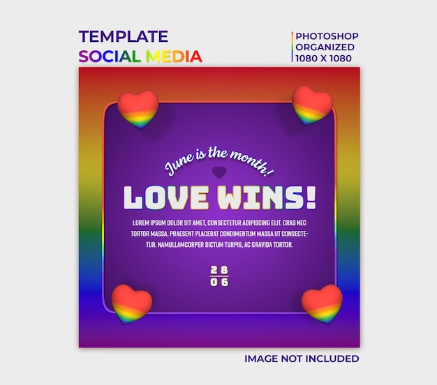Modèle pour les médias sociaux avec une zone de texte de couleur arc-en-ciel pour le jour de la fierté gay