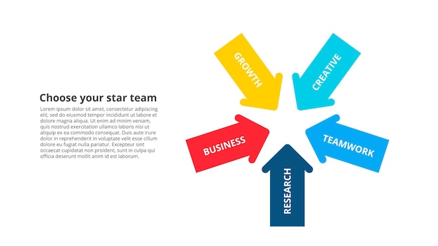 PSD modèle de présentation infographique de flèches avec 5 étapes ou pièces d'options diagramme en étoile