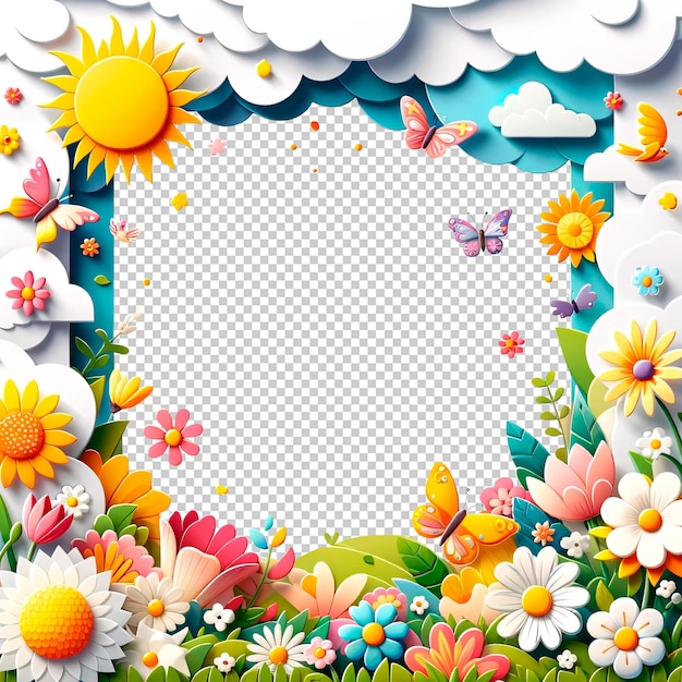 Modèle De Printemps Floral D'été Cadre Carré Mignon Style De Papier De Dessin Animé Avec Espace Transparent