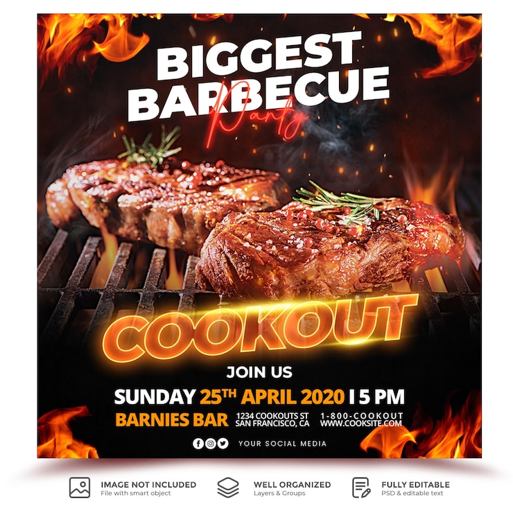 PSD modèle de promotion des médias sociaux de la fête du barbecue et du menu alimentaire