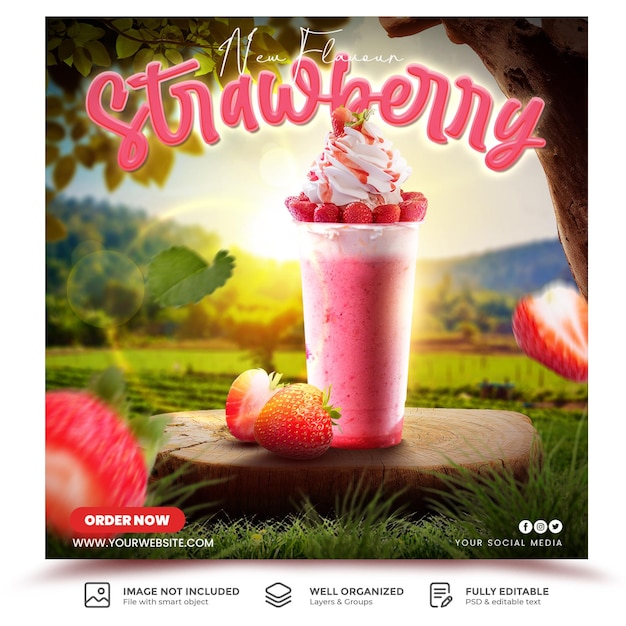 Modèle de promotion de publication sur les médias sociaux du menu Milkshake aux fraises