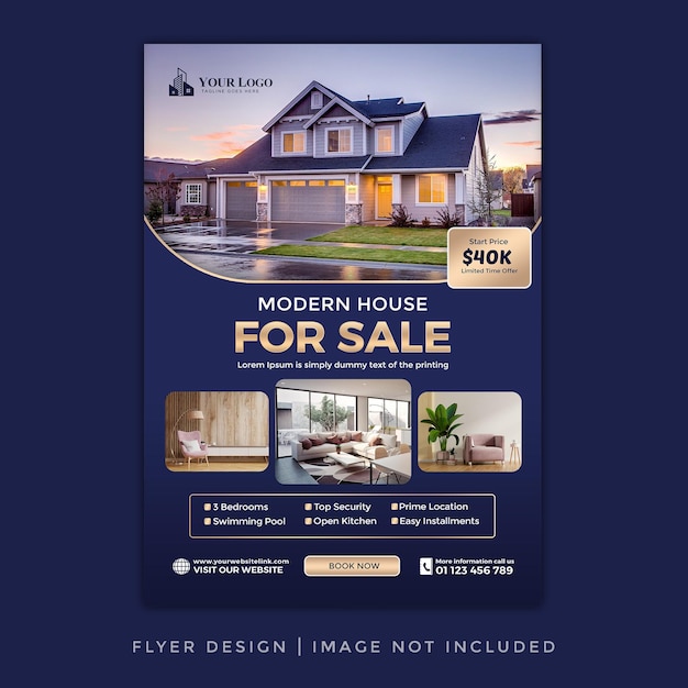 Modèle De Promotion De Vente De Flyer De Propriété De Maison Immobilière En Or Bleu