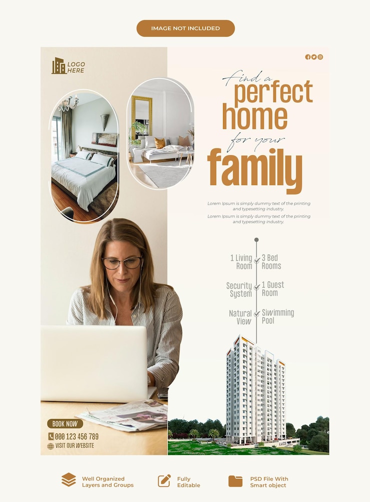 PSD modèle de prospectus de médias sociaux pour les maisons immobilières