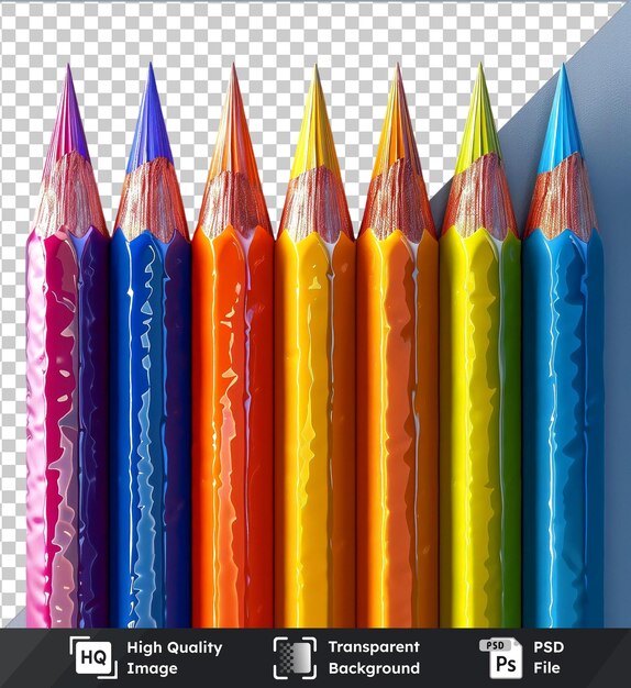 Modèle Psd De Haute Qualité De Crayons De Couleur Dans Une Rangée Avec Un Stylo Bleu à Gauche