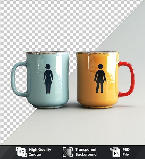 PSD modèle psd de haute qualité de deux tasses colorées avec des signes d'homme et de femme en bleu et jaune