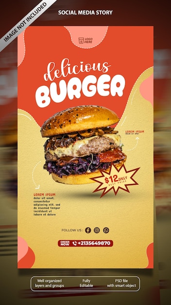 Modèle psd d'histoire de médias sociaux de burger avec des couleurs de fond jaune et orange