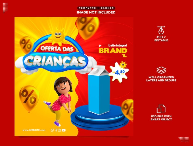 modèle psd de médias sociaux en portugais pour enfants offrent des ventes de produits promotionnels