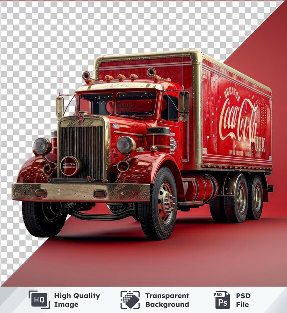 PSD modèle psd transparent d'un camion rouge avec une grille métallique de bière et un pneu noir contre le rouge