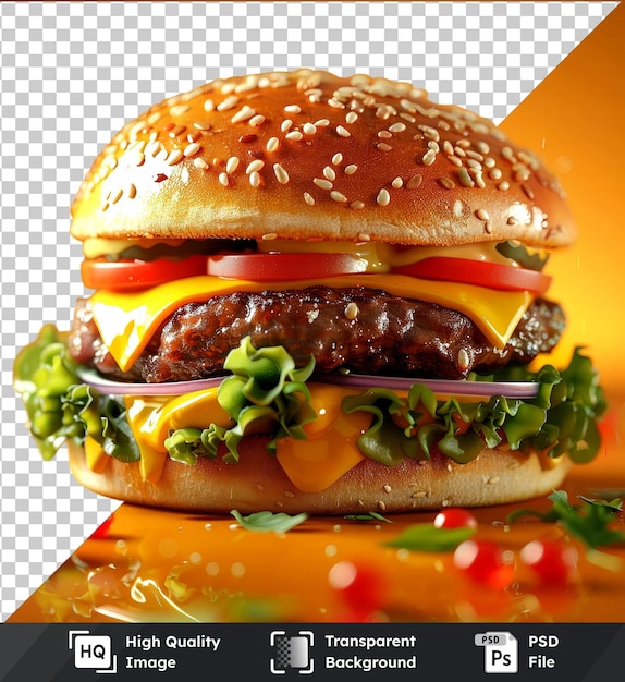 PSD modèle psd transparent de haute qualité d'un grand hamburger avec des légumes au fromage sur une feuille de tomate brune