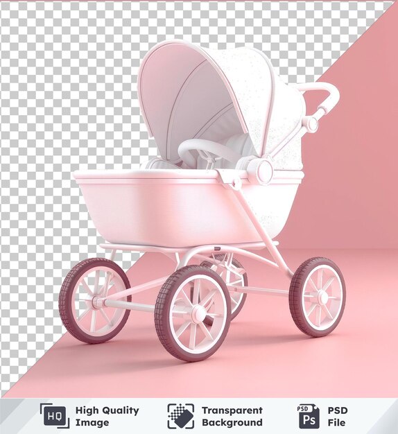 PSD modèle psd transparent de haute qualité d'une poussette blanche vide avec des roues noires sur un mur rose