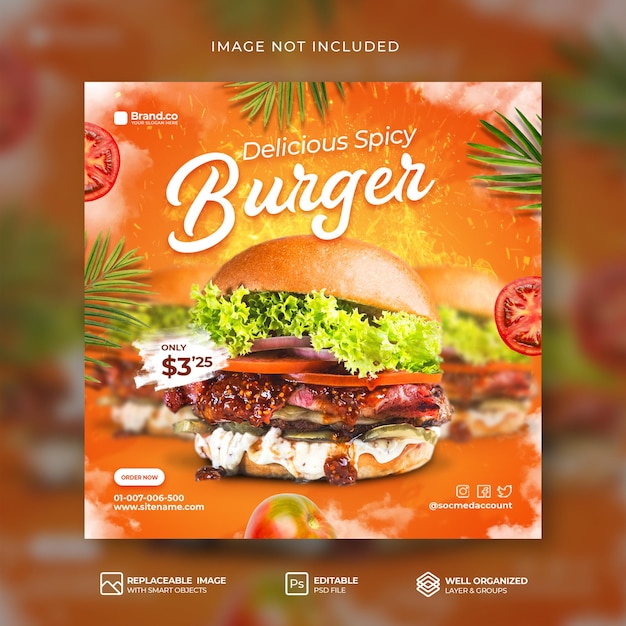 Modèle De Publication Ou De Bannière Instagram Sur Les Médias Sociaux Pour La Promotion Du Menu Spécial Hot Spicy Burger Premium