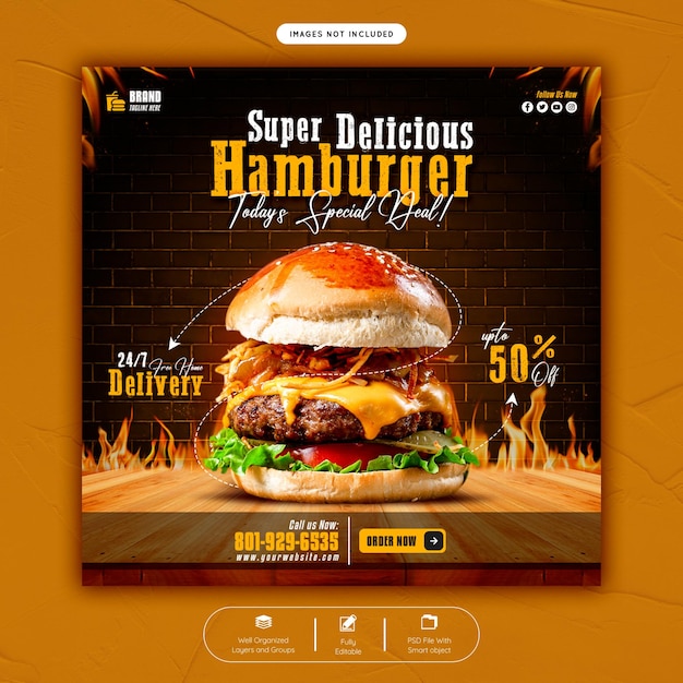 PSD modèle de publication de bannière de médias sociaux délicieux burger et menu alimentaire
