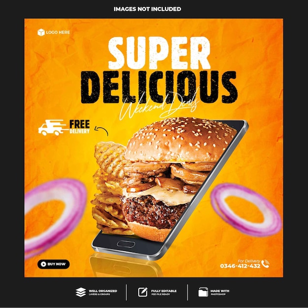 PSD modèle de publication de bannière de médias sociaux spécial burger délicieux