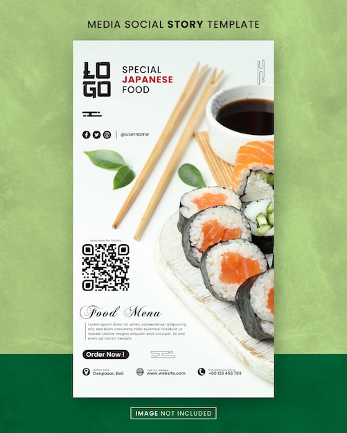 PSD modèle de publication d'histoire sociale de médias de menu de cuisine japonaise spéciale et de restaurant