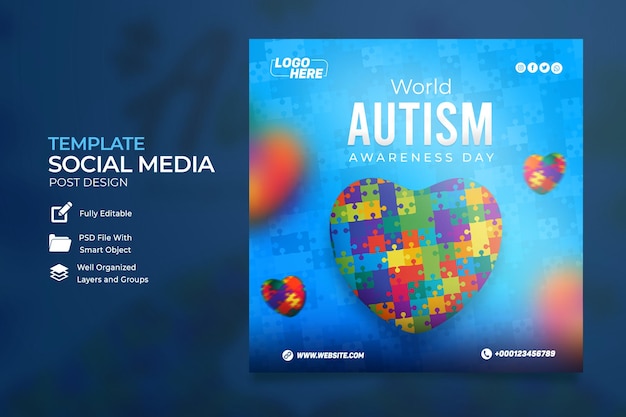 Modèle de publication instagram sur les médias sociaux de la journée mondiale de sensibilisation à l'autisme