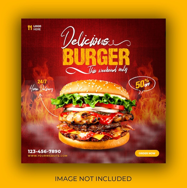 Modèle de publication instagram de nourriture délicieuse psd et modèle de publication sur les médias sociaux de délicieux burger
