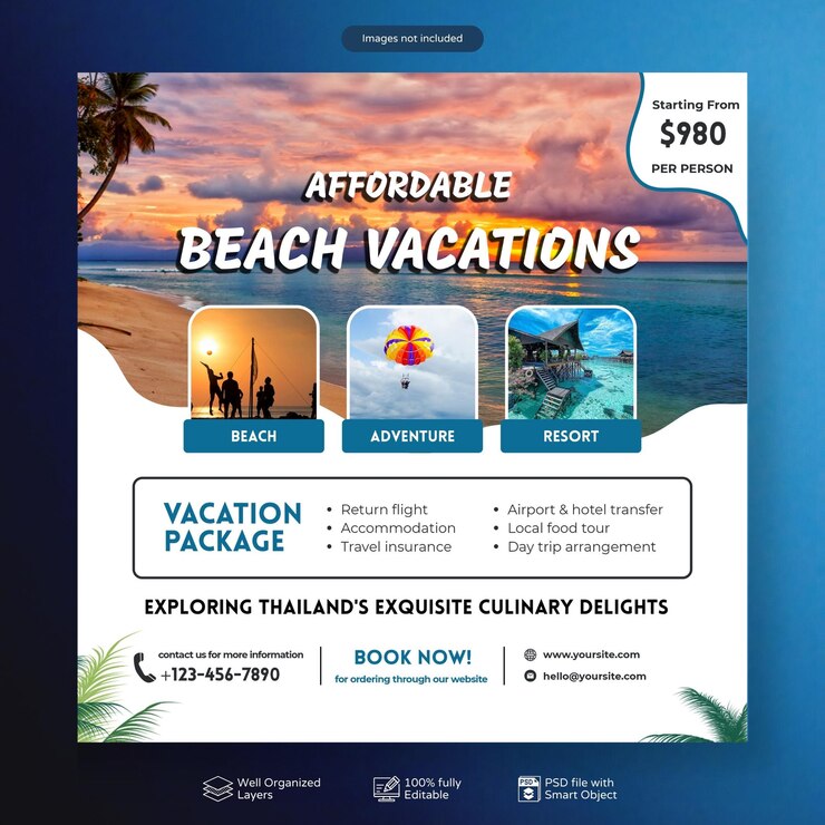PSD modèle de publication instagram ou de publication sur les réseaux sociaux pour les entreprises du secteur des voyages et du tourisme
