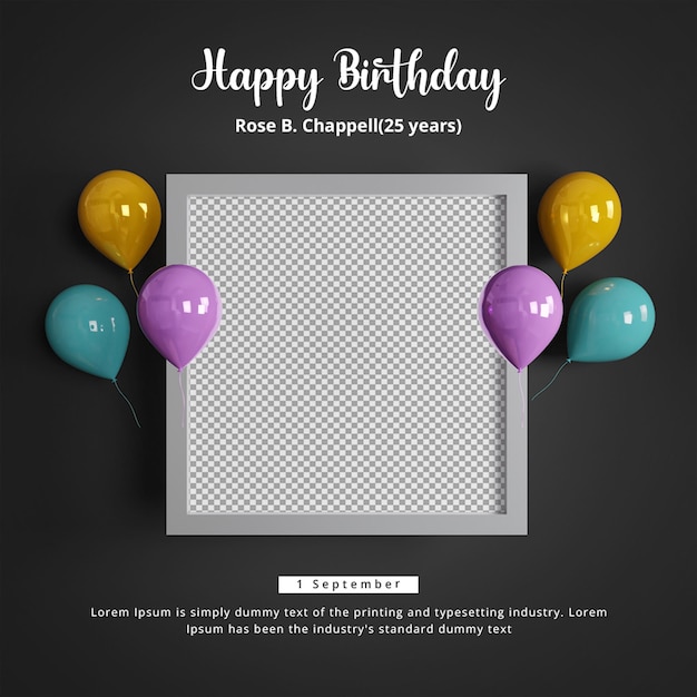 Modèle de publication sur les médias sociaux d'anniversaire avec boîte-cadeau ballon réaliste