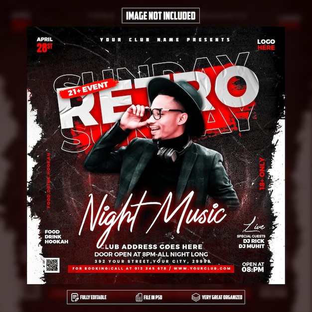 Modèle de publication sur les médias sociaux et de bannière Web de flyer de musique de nuit rétro PSD