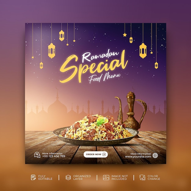 Modèle de publication sur les médias sociaux du menu alimentaire spécial Ramadan Kareem Psd