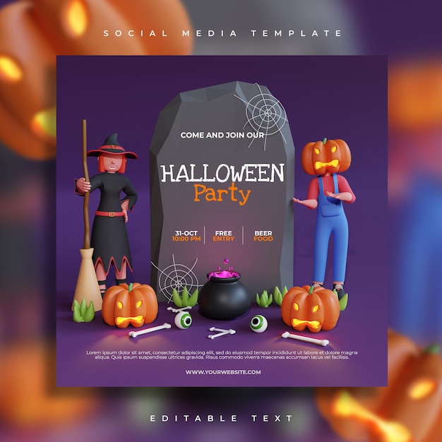 modèle de publication sur les médias sociaux de la fête d'halloween avec personnage de rendu 3d sorcière et citrouille