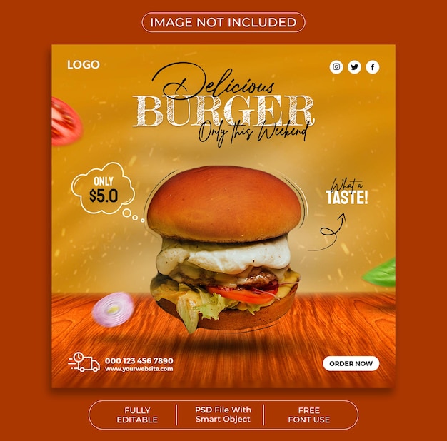 Modèle De Publication Sur Les Médias Sociaux Pour La Promotion D'un Délicieux Burger Et D'un Menu Alimentaire