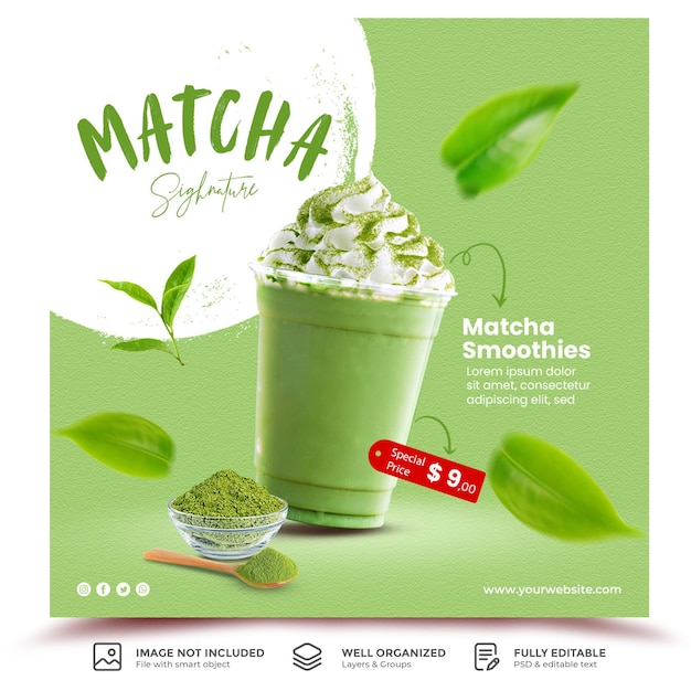 PSD modèle de publication sur les médias sociaux de promotion de menu de boisson matcha