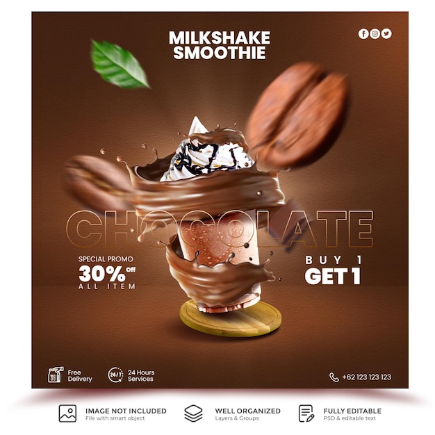 Modèle De Publication Sur Les Médias Sociaux De Promotion De Menu De Boisson Smoothie Milkshake Au Chocolat