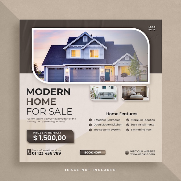 PSD modèle de publication de médias sociaux de vente de maison immobilière ou modèle de bannière de publication carrée instagram