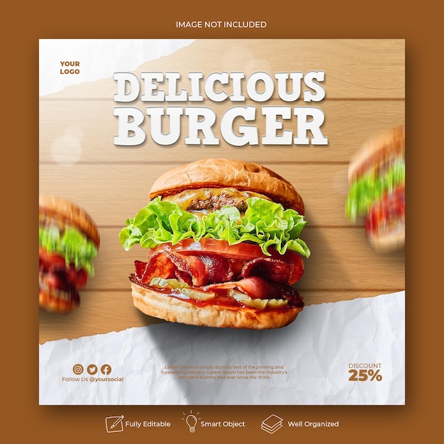 Modèle de publication sur les réseaux sociaux de délicieux hamburgers