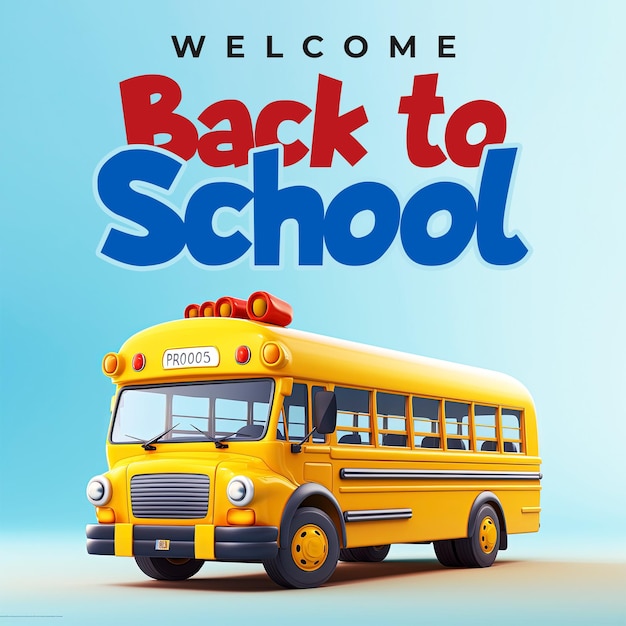 PSD modèle de publication sur les réseaux sociaux de retour à l'école avec fond d'autobus scolaire et d'outils scolaires
