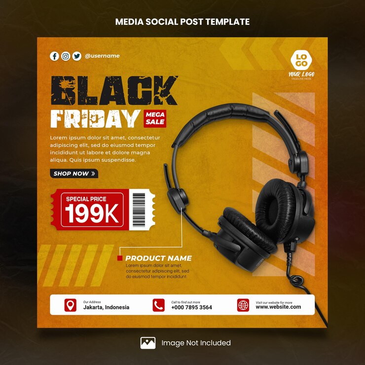 PSD modèle de publication sociale sur les médias sociaux du black friday pour la promotion spéciale du casque