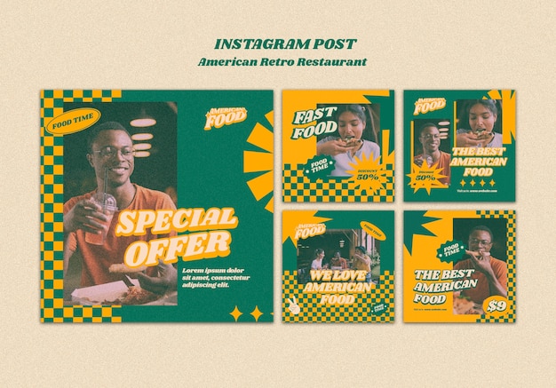 PSD modèle de publications instagram de restaurant rétro américain