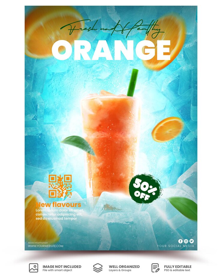 PSD modèle de publicité de jus d'orange biologique naturellement délicieux