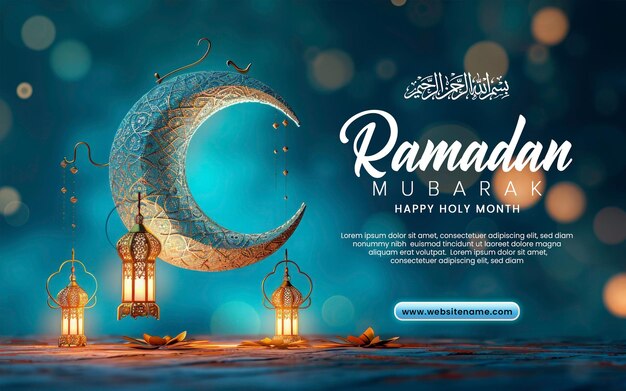 PSD modèle de ramadan mubarak avec lune bleue croissante avec lampe ou lanterne de ramadan réaliste